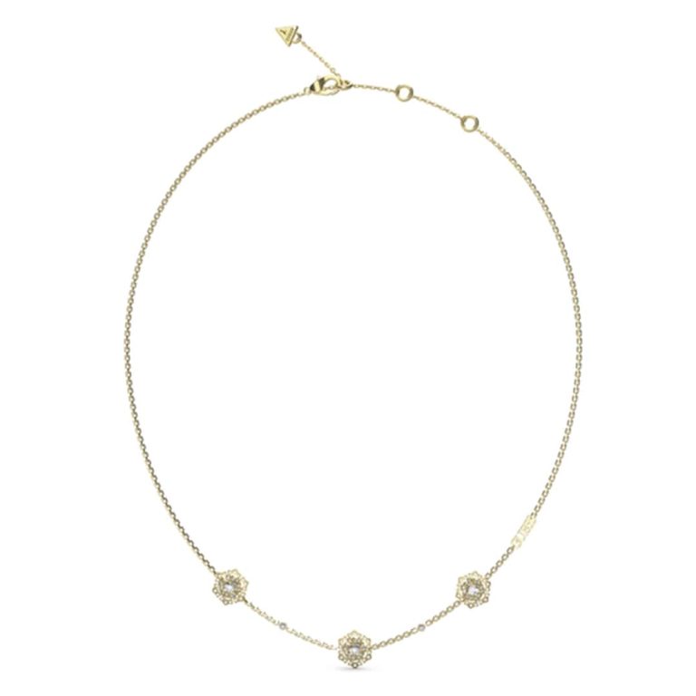 Colar Guess La Fleur dourado com três flores adornadas por cristais, delicado e encantador.