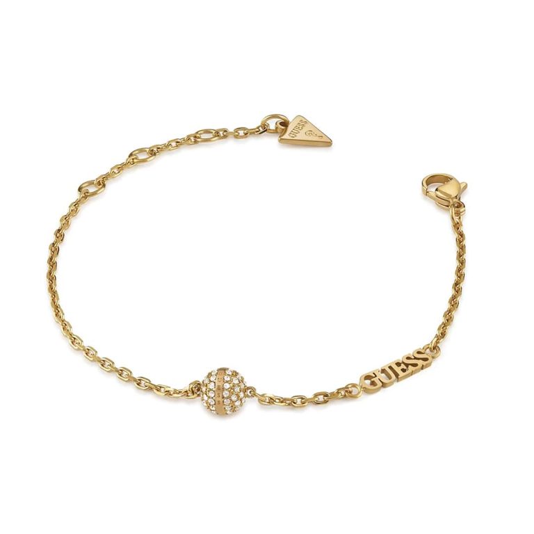 Pulseira Guess Calypso dourada com esfera central de cristais, delicada e elegante.