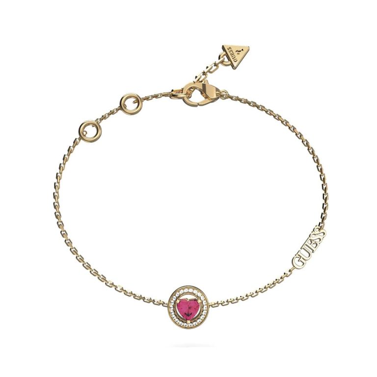 Pulseira Guess M'ama Non M'ama com coração de cristal fúcsia e cristais brilhantes.