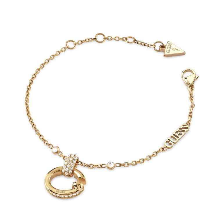 Pulseira Guess Oh My G dourada com o icónico G pendente numa argola adornada.