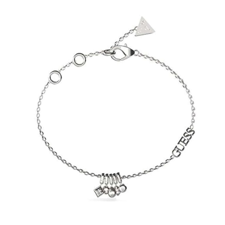 Pulseira Guess Tiny Dancer com malha fina prateada e pendentes delicados adornados por cristais.