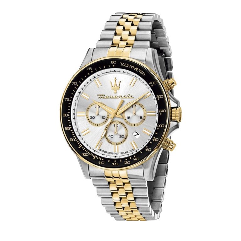 Relógio Maserati Sfida Bicolor com design desportivo, bracelete jubileu e aro negro contrastante.