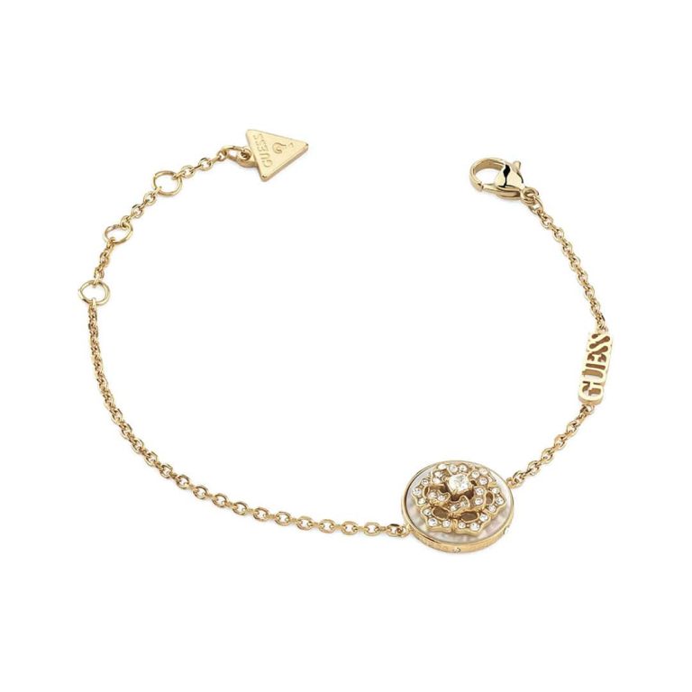 Pulseira Guess La Fleur dourada com flor de madrepérola e cristais.