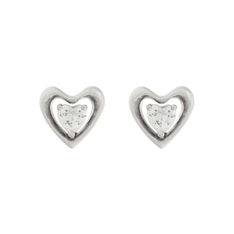 Brincos Guess Beloved prateados com formato de coração e cristal central em forma de coração.
