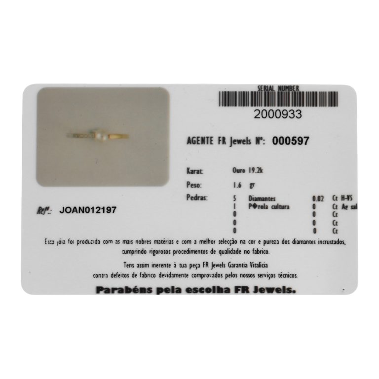 Anel FR Jewels de joalharia em ouro com pérola de água salgada e diamantes laterais. Detalhes do certificado.