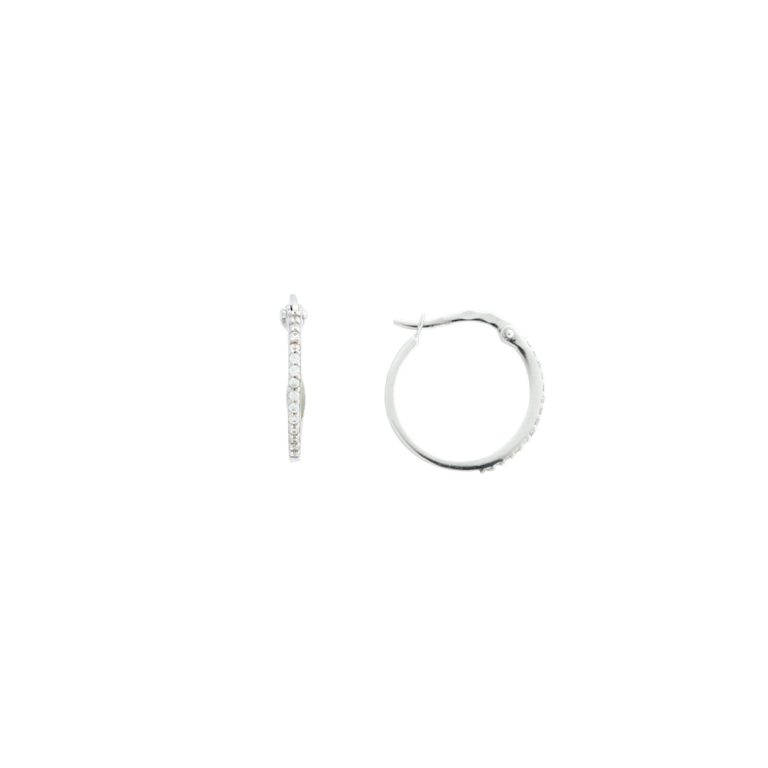 Argolas de ouro branco com pedras, design minimalista e brilho discreto. Vista lateral.