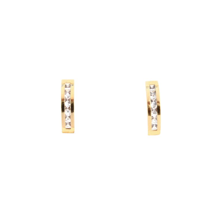 Brincos de ouro com fileira de pedras, ideais para um look diário elegante.
