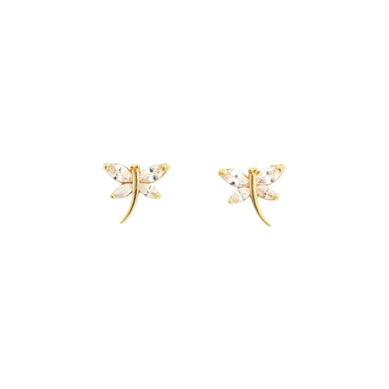 Brincos de ouro em forma de libelinha, com design leve e criativo.