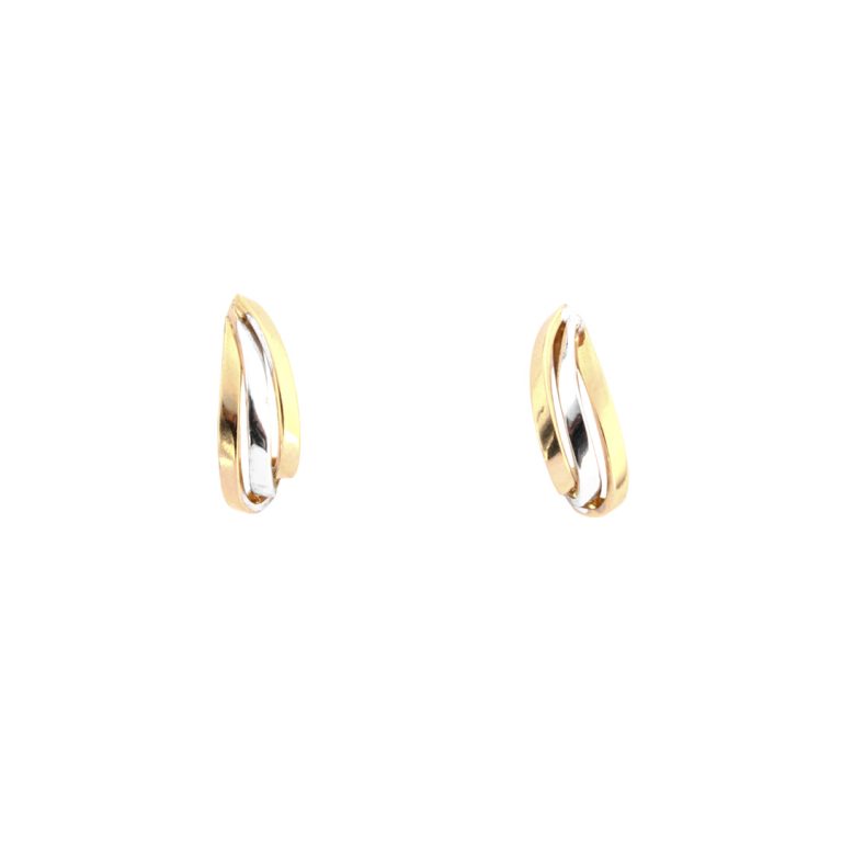 Brincos de ouro bicolor com formato de onda e design minimalista.