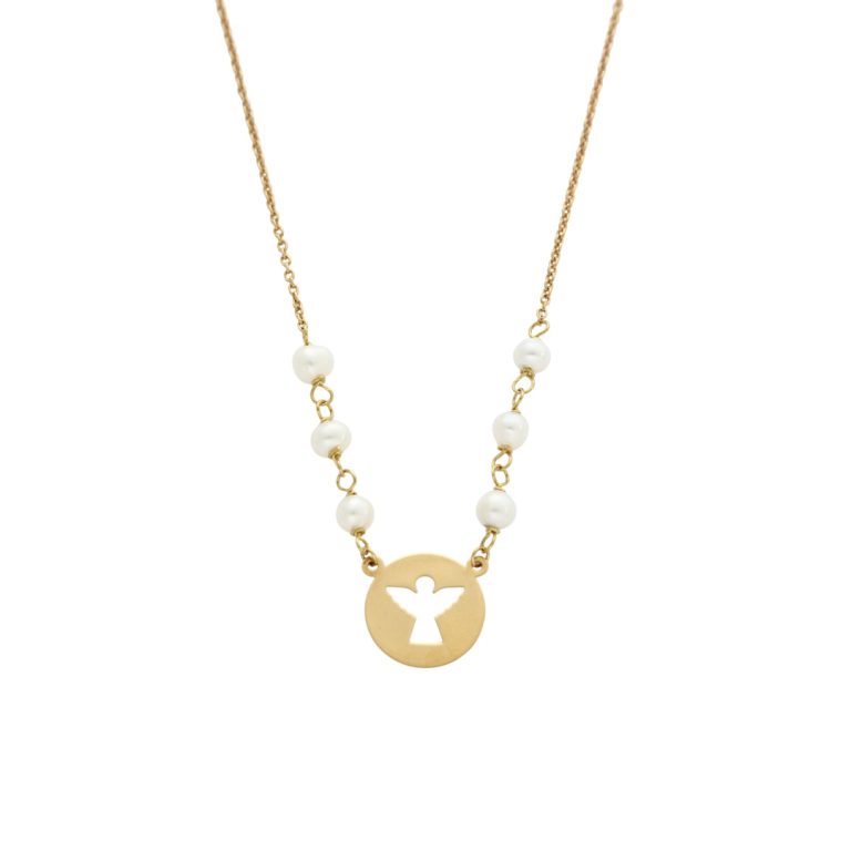 Colar de ouro com pendente de anjo e pérolas delicadas.