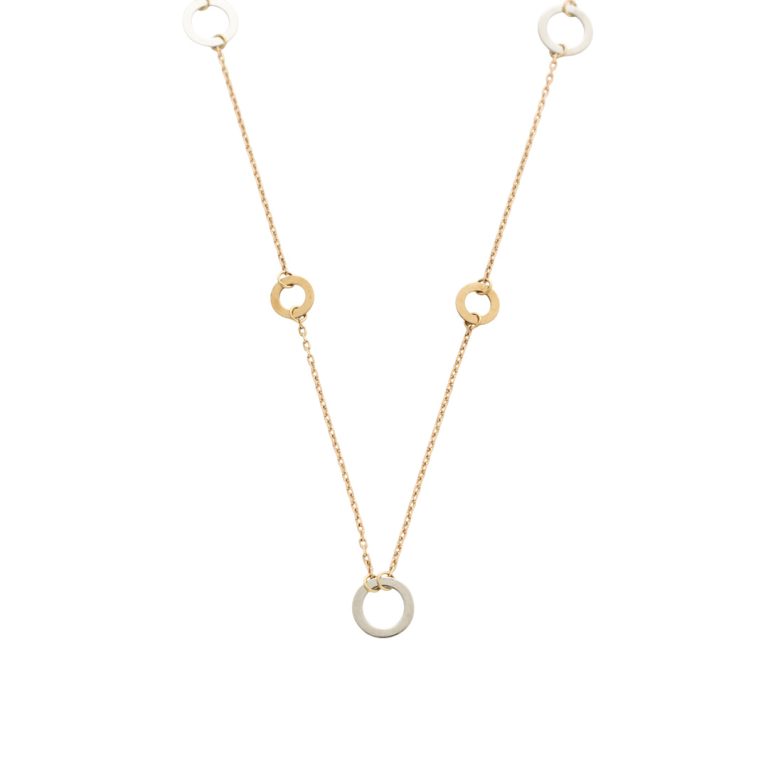 Colar de ouro bicolor com círculos polidos e malha fina de design minimalista.