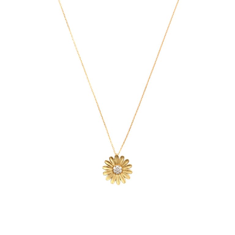 Colar de ouro com pendente de girassol delicado.