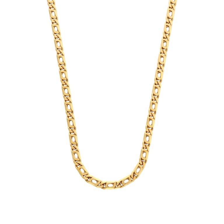 Colar de ouro malha barbela contemporânea de 45cm, robusto e moderno.