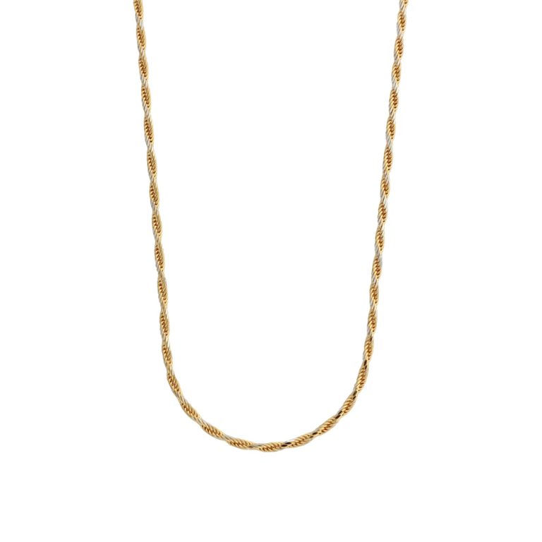 Colar de ouro bicolor em malha corda com contraste de tons.