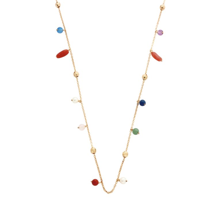 Colar de ouro com pedras naturais multicoloridas, design descontraído e sofisticado.