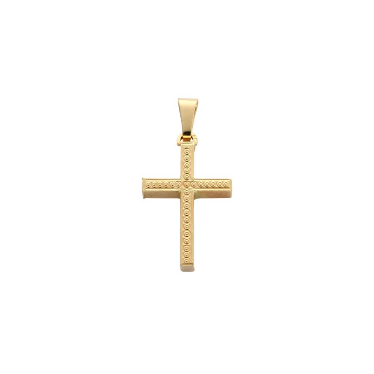 Cruz de ouro com textura discreta, perfeita para usar com vários fios.