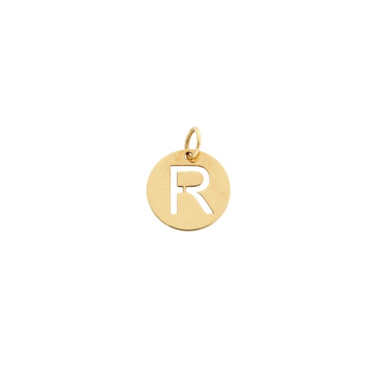 Medalha Spigi com a letra R em design minimalista e elegante.