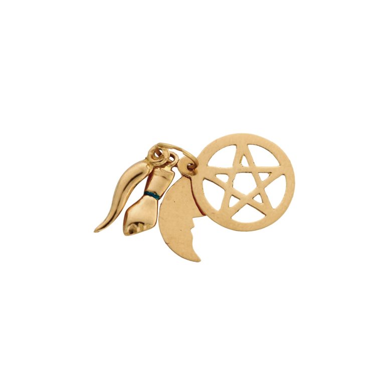 Medalha de ouro com vários amuletos, ideal para nascimento ou batizado.