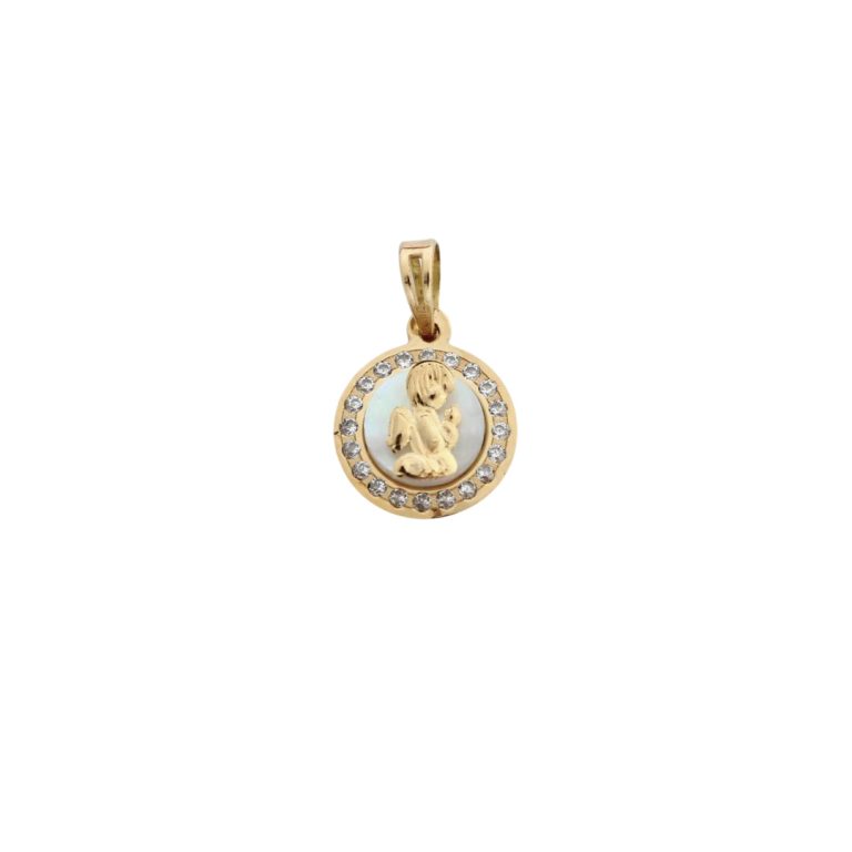 Medalha de ouro com anjo, madrepérola e pedras, ideal para batizado ou comunhão.