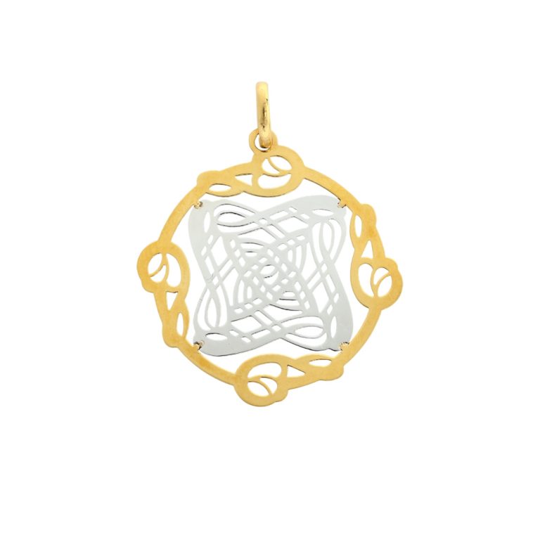 Medalha de ouro clássica com arabescos detalhados, elegante e imponente.