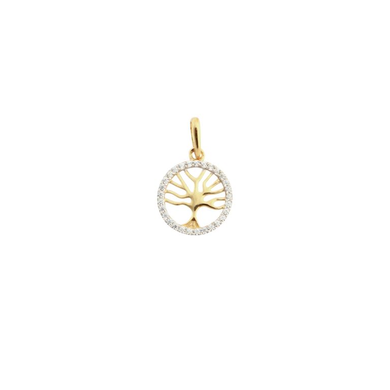Medalha de ouro com árvore da vida e aro de pedras, elegante e simbólica.
