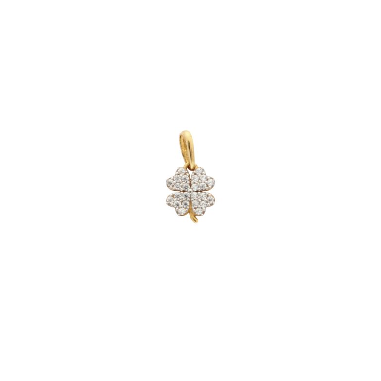 Medalha de ouro bicolor com trevo de pedras, moderna e sofisticada.