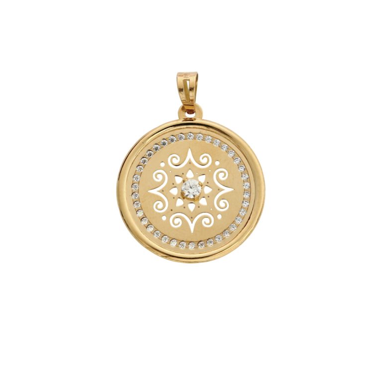 Medalha de ouro trabalhada com elementos clássicos e acabamento decorativo.