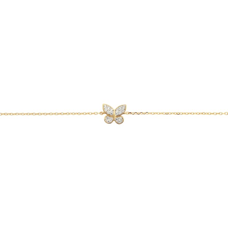 Pulseira de ouro com borboleta de pedras, delicada e simbólica.