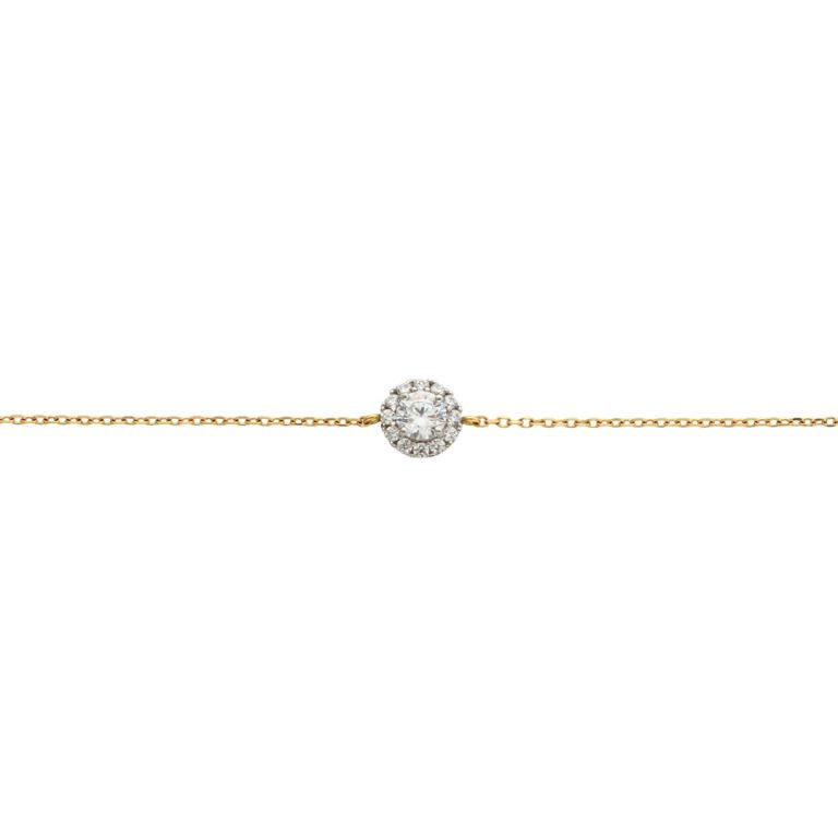 Pulseira de ouro estilo solitário com cristal central e pedras.
