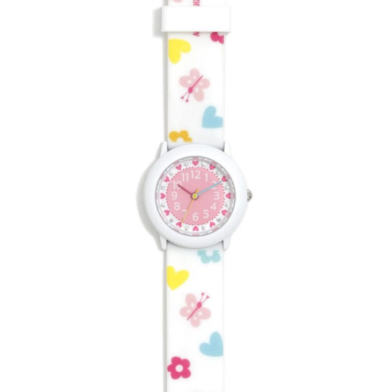 Relógio Agatha Ruiz de La Prada Bombón branco com mostrador decorado em estilo icónico.
