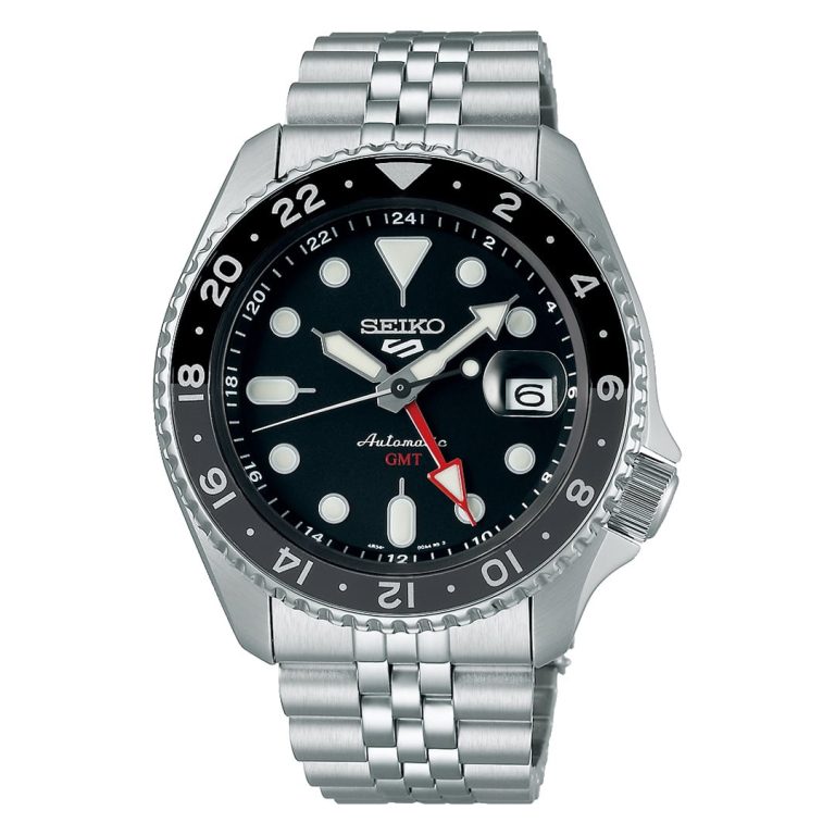 Relógio Seiko 5 Sports Automatic GMT com bracelete Jubileu e mostrador com escala GMT.