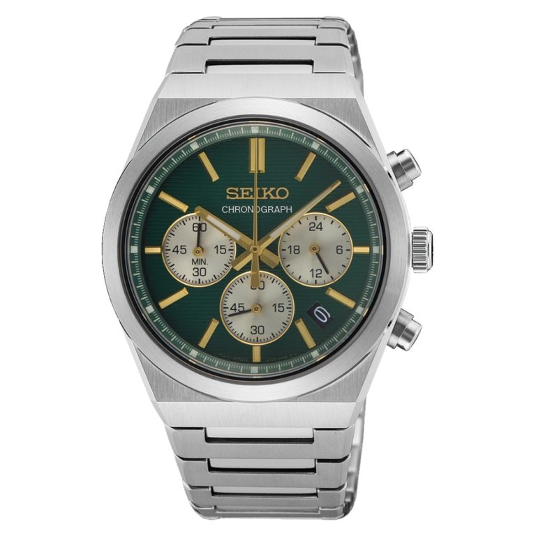 Relógio Seiko Essentials com mostrador verde e dourado e design moderno.