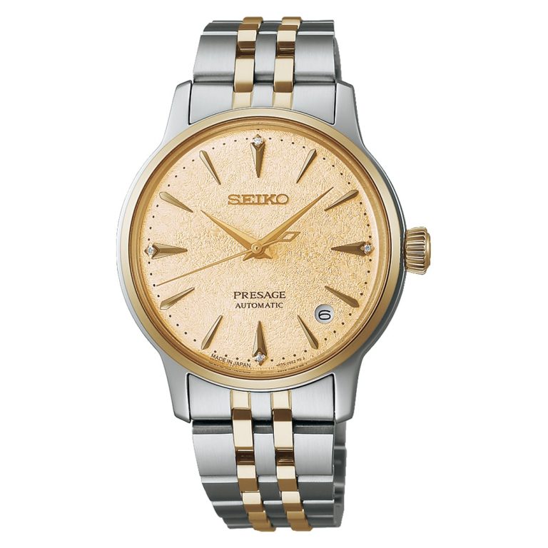 Relógio Seiko Presage Cocktail Frozen Banana Daiquiri com mostrador amarelo pastel e diamantes.