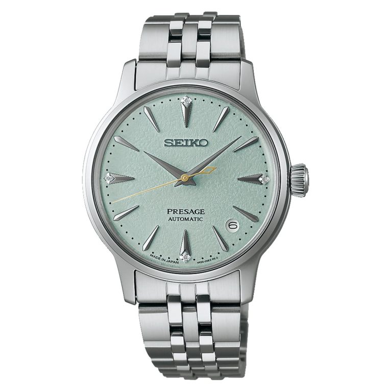Relógio Seiko Presage Cocktail Frozen Mojito com mostrador verde-menta e diamantes.